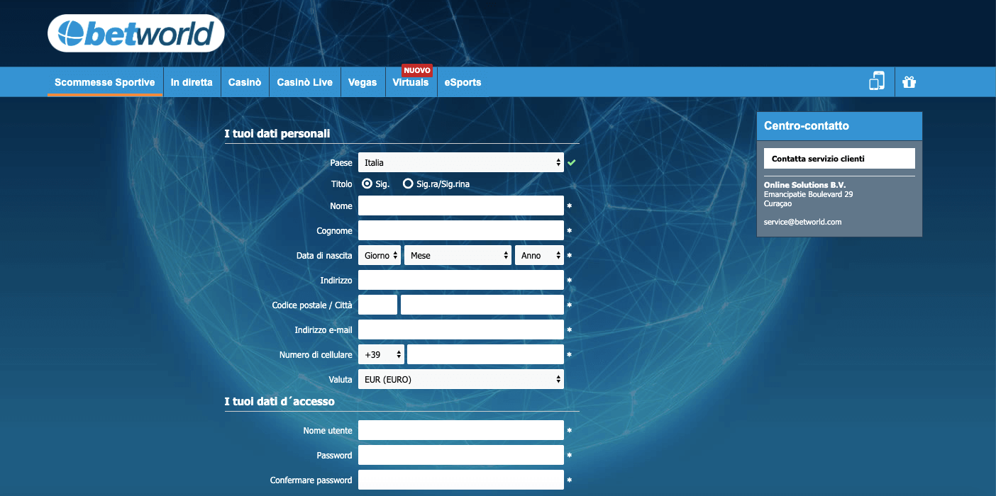 betworld registrazione