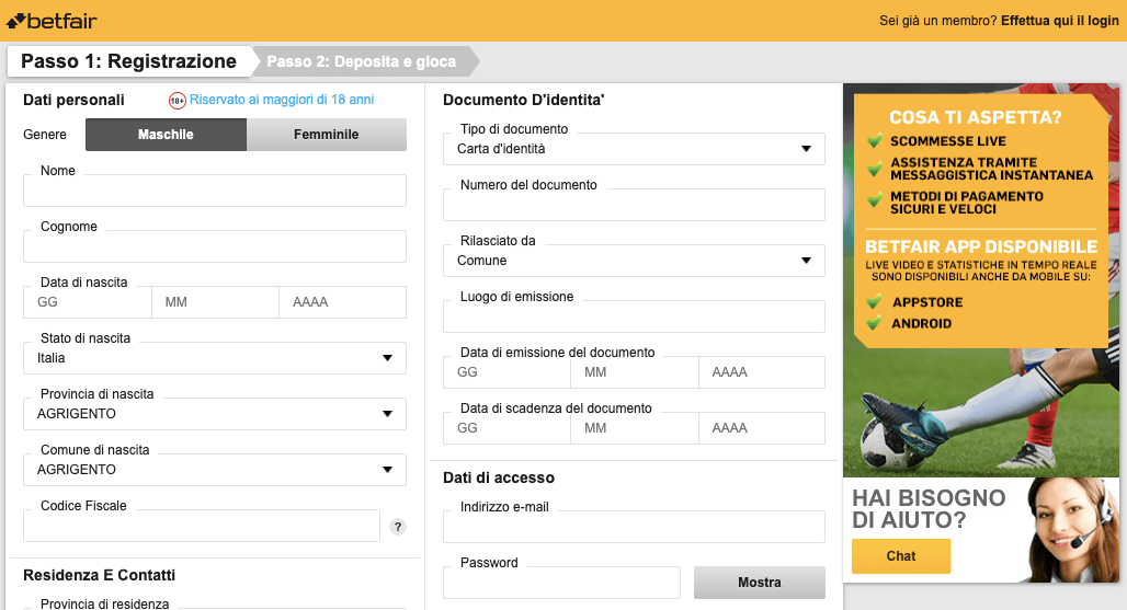 Betfair Registrazione