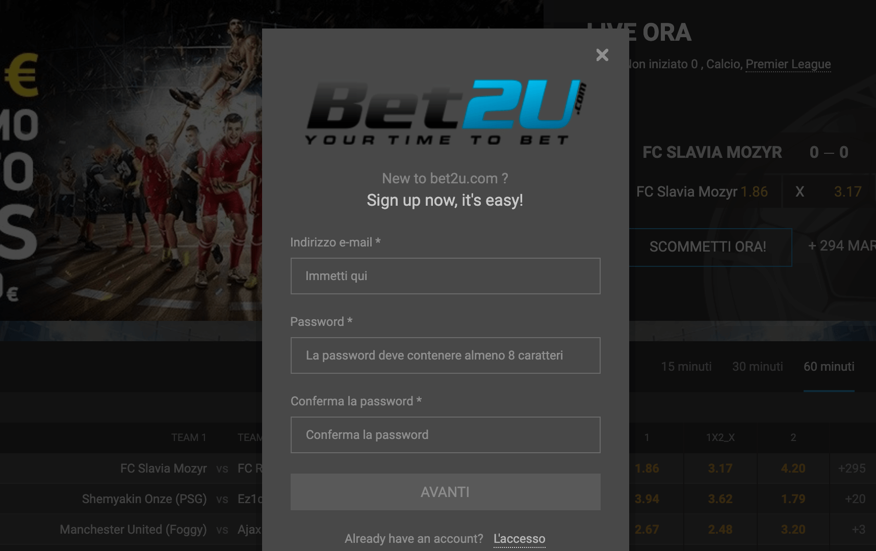 bet2u registrati apri nuovo account