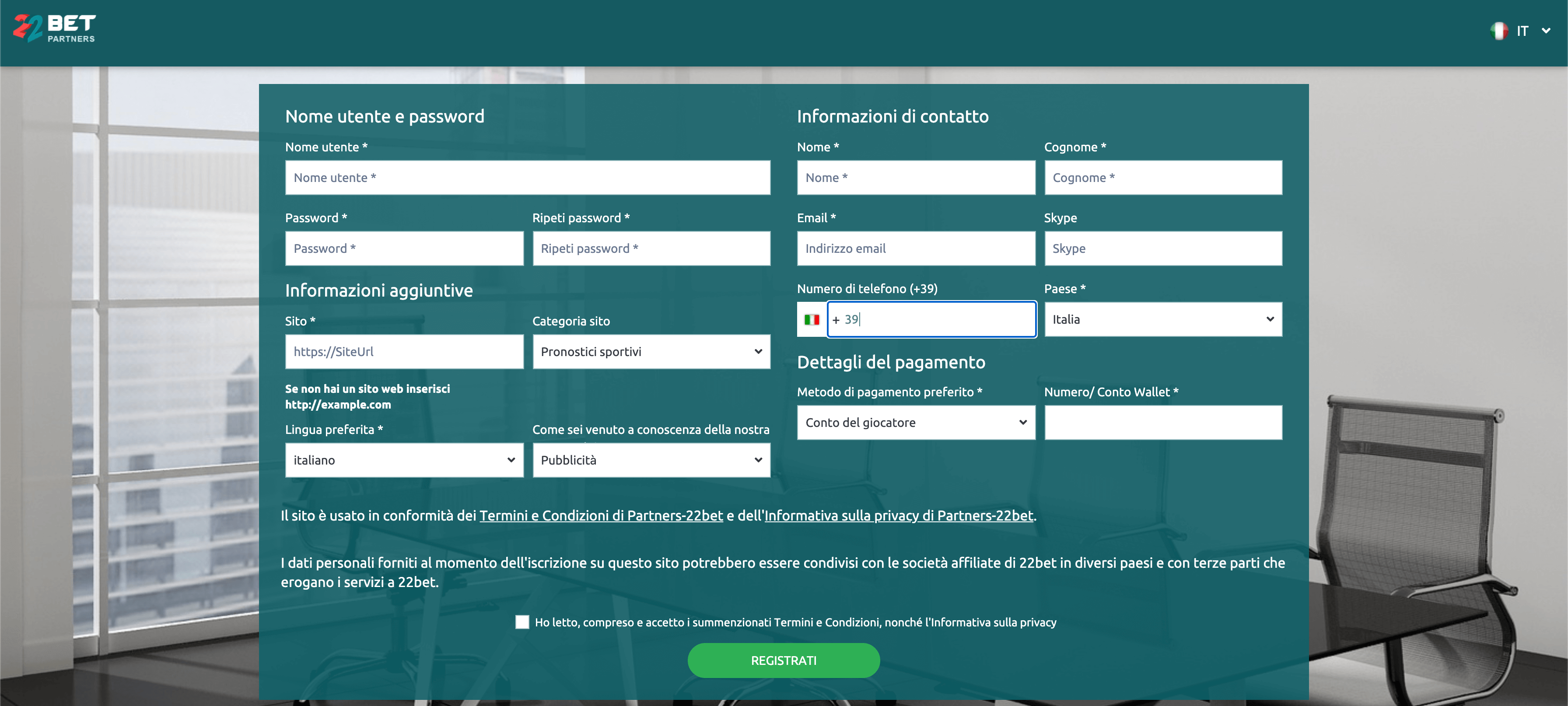 22betpartners registrazione