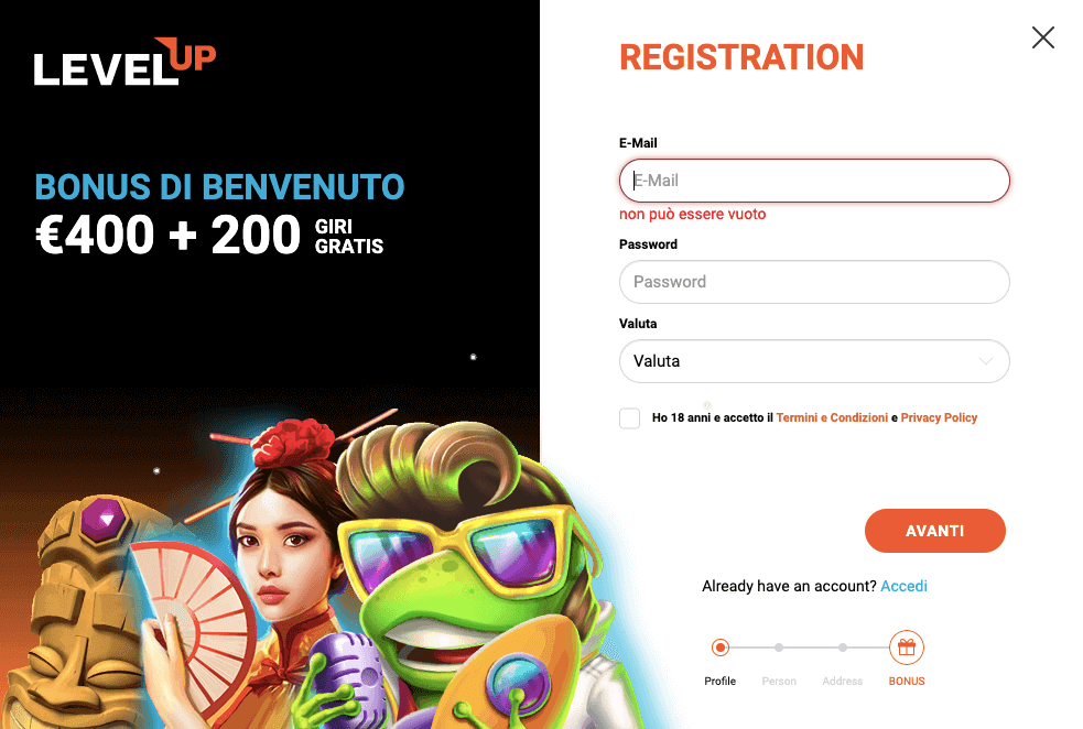 LevelUp Casino Registrazione