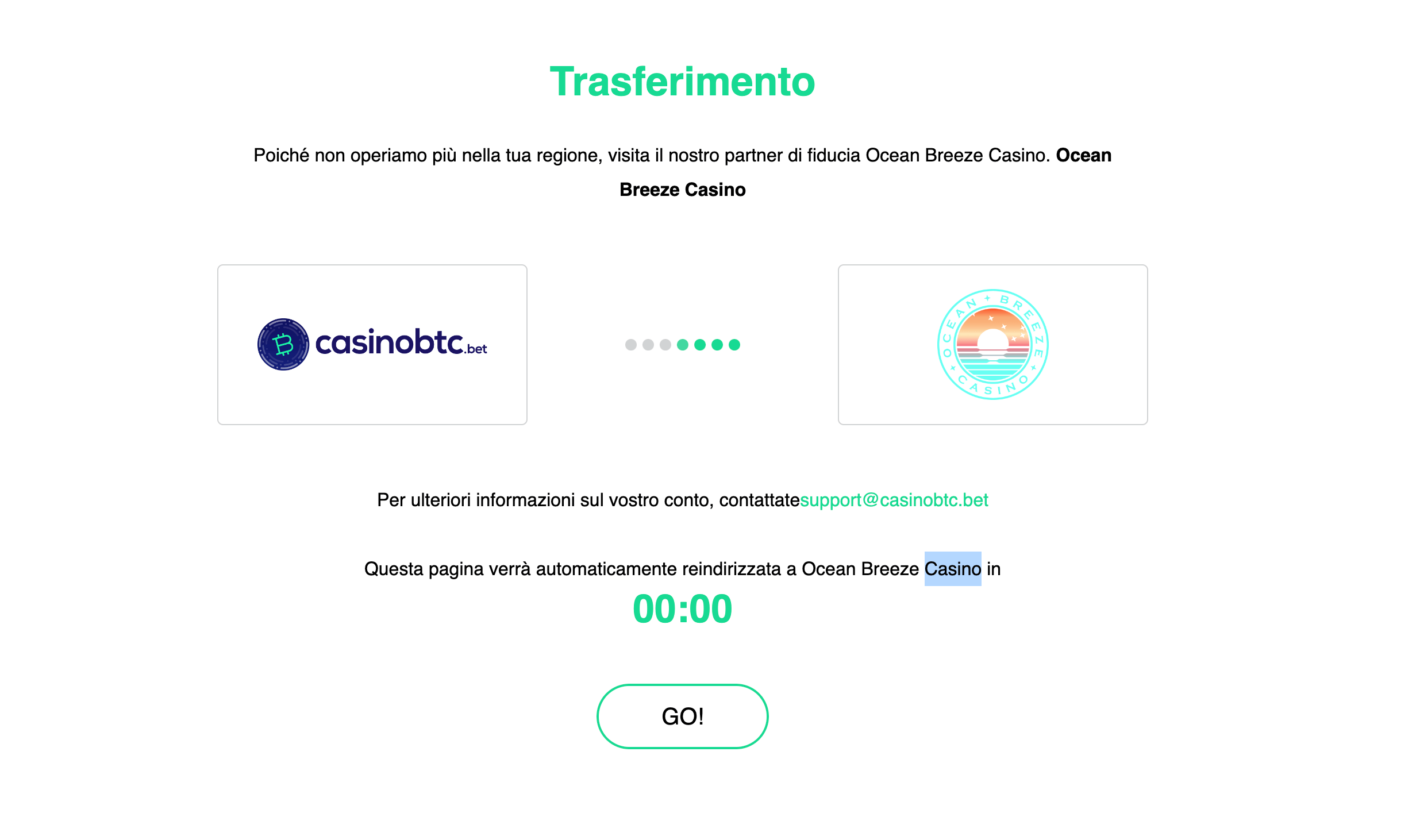 trasferimento casinobtc a opean breaze casino