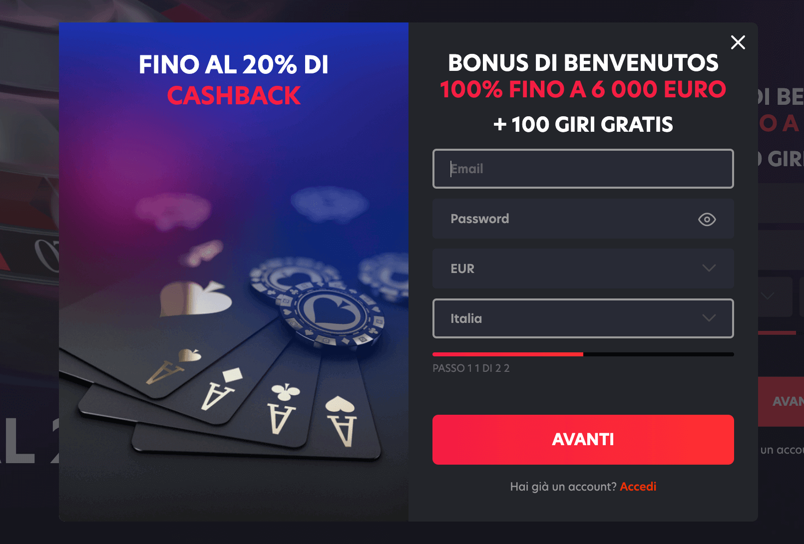 1RED Casino Registrazione