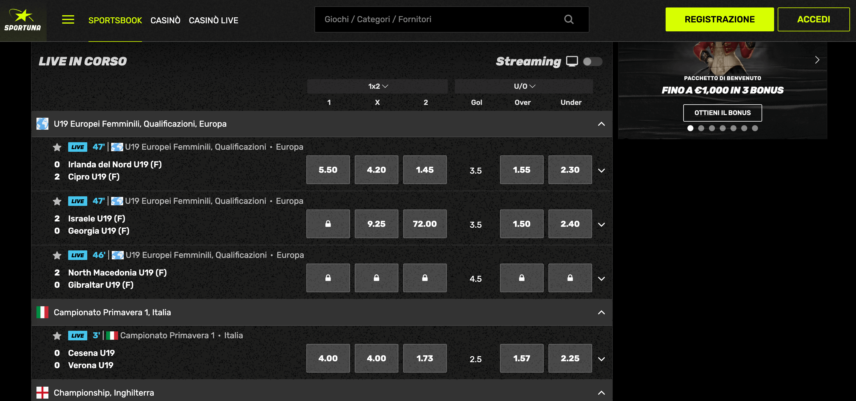 Sportuna Scommesse Live