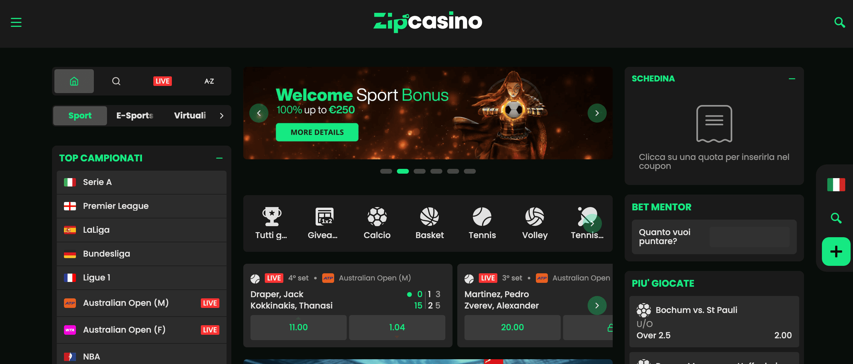 Zipcasino Scommesse Screenshot